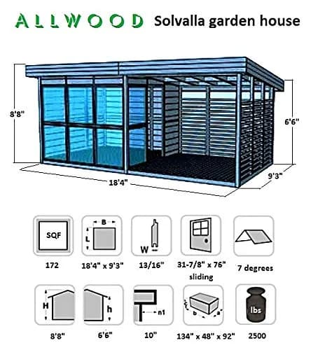 Allwood Solvalla spec sheet showing 172 sqft floor area, 18'4 x 9'3 footprint and 13/16 inch walls
