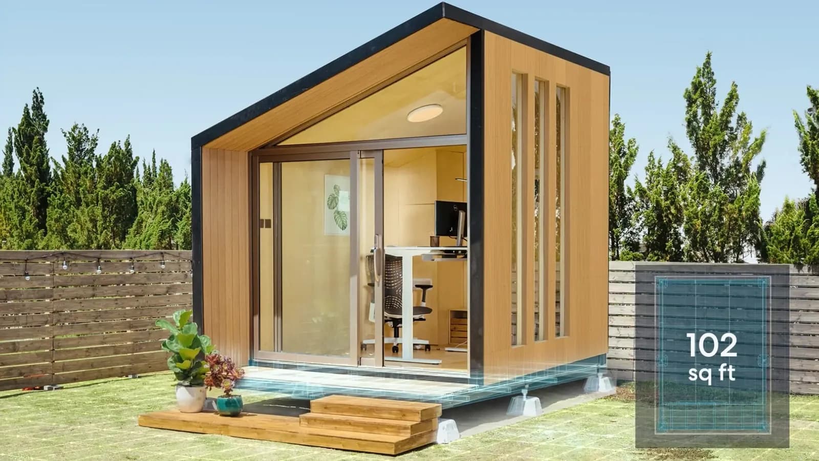 Autonomous WorkPod front view with glass wall, desk setup inside, and 102 sq ft floor plan overlay
