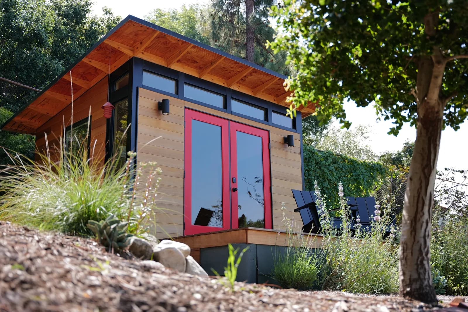 Customer 10x12 Studio Home Signature studio in Eagle Rock, California with red French doors and cedar siding