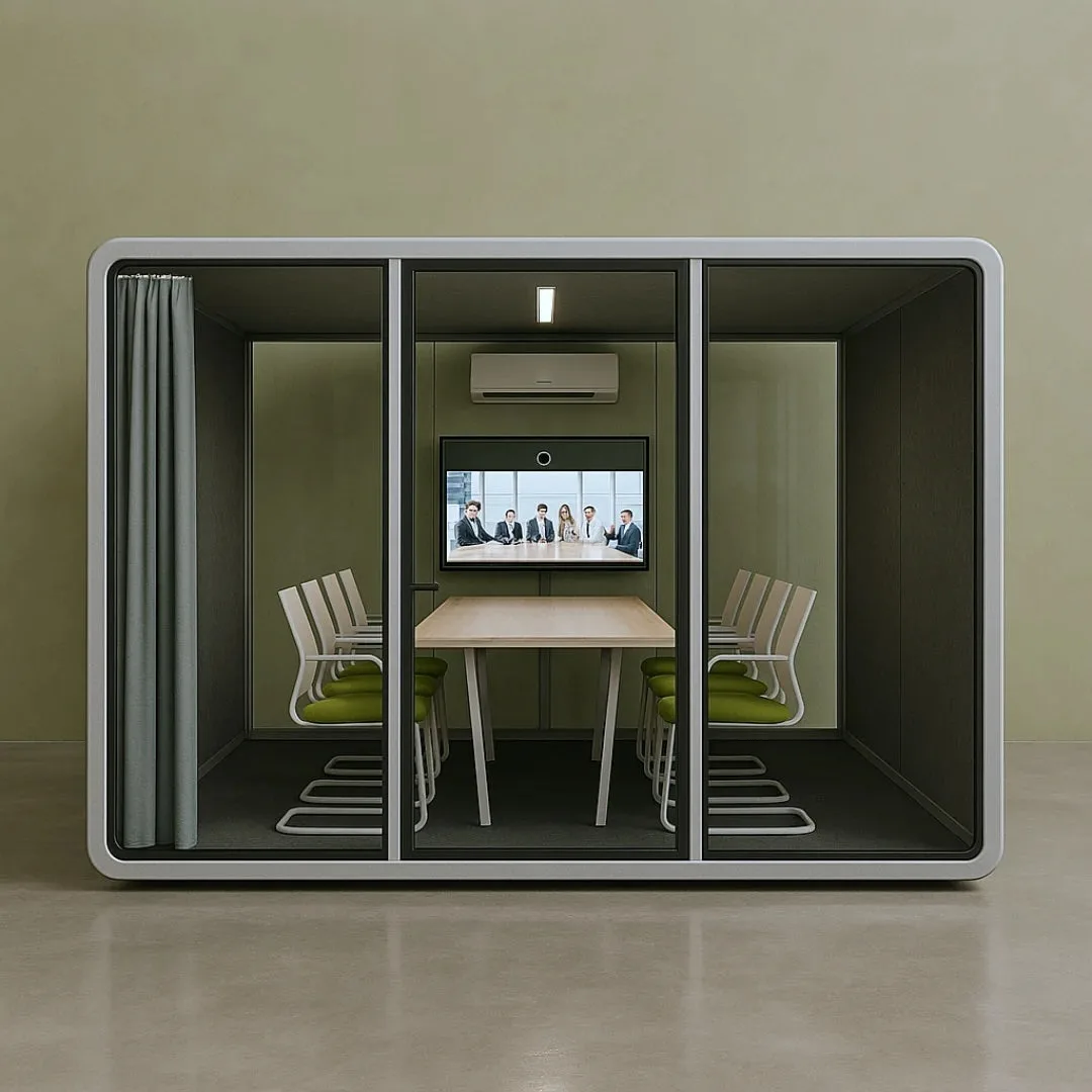Thinktanks 8 Person Backyard Office Pod with conference table, chairs and wall-mounted screen