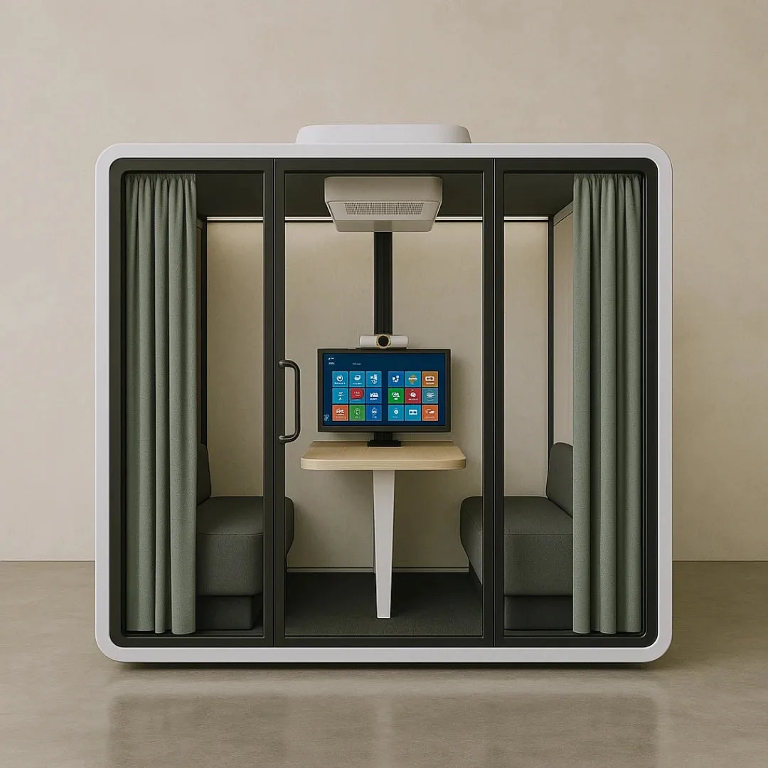 Front view of the Thinktanks Backyard Office Pod XL with booth seating, table and mounted monitor