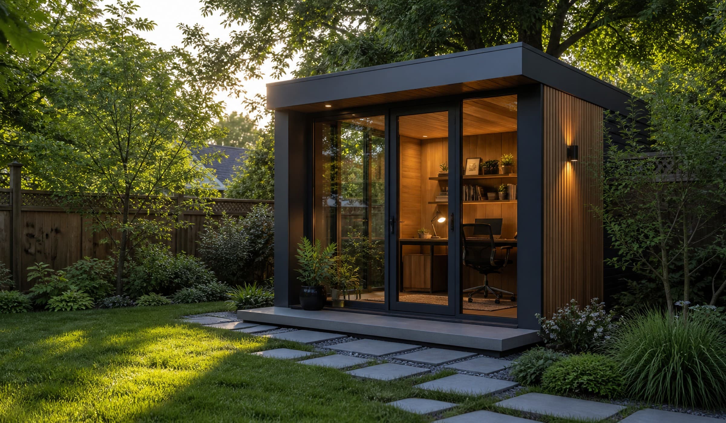 Backyard office with warm interior light
