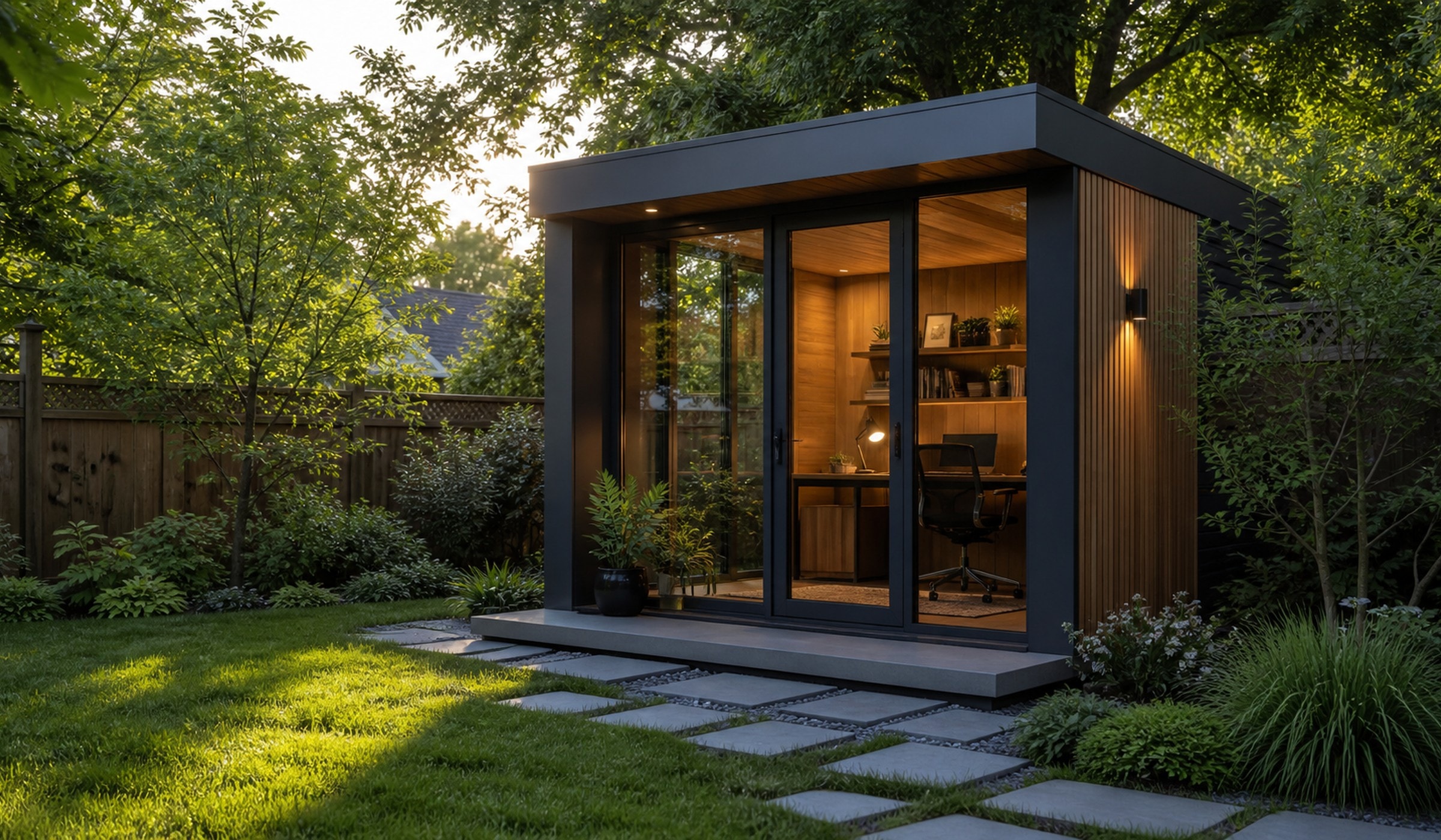 Modern backyard office pod with warm interior light